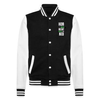 Hob i recht - bayerischer Spruch - College-Sweatjacke - Schwarz/Weiß - Vorne - Nik (191cm) & Marisol (170cm)