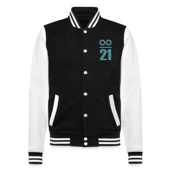 Unendlich durch 21 Millionen Bitcoin - College-Sweatjacke - Schwarz/Weiß - Vorne - Nik (191cm) & Marisol (170cm)