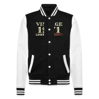 Jahrgang 1971: 53. Geburtstag Einzigartiges Retro-Geschenk - College-Sweatjacke - Schwarz/Weiß - Vorne - Nik (191cm) & Marisol (170cm)