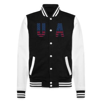 USA T-Shirt - Buchstaben der amerikanischen Flagge - College-Sweatjacke - Schwarz/Weiß - Vorne - Nik (191cm) & Marisol (170cm)
