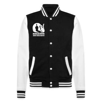 Erkenne die Zeichen Katze Mittelfinger Spruch - College-Sweatjacke - Schwarz/Weiß - Vorne - Nik (191cm) & Marisol (170cm)