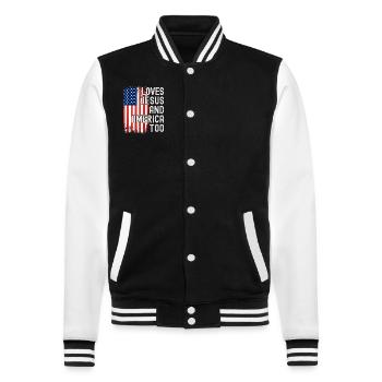 Liebt Jesus und Amerika auch mit USA-Flagge für - College-Sweatjacke - Schwarz/Weiß - Vorne - Nik (191cm) & Marisol (170cm)