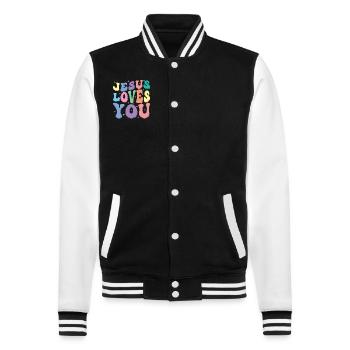 Jesus Liebt Dich Groovy Vintage Christian - College-Sweatjacke - Schwarz/Weiß - Vorne - Nik (191cm) & Marisol (170cm)