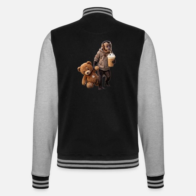 Affe Teddybär Eiskaffee Motiv - College-Sweatjacke - Schwarz/Grau meliert