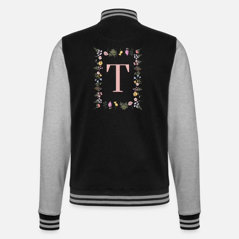 Florale Initialen "T", Buchstaben Monogramm - College-Sweatjacke - Schwarz/Grau meliert