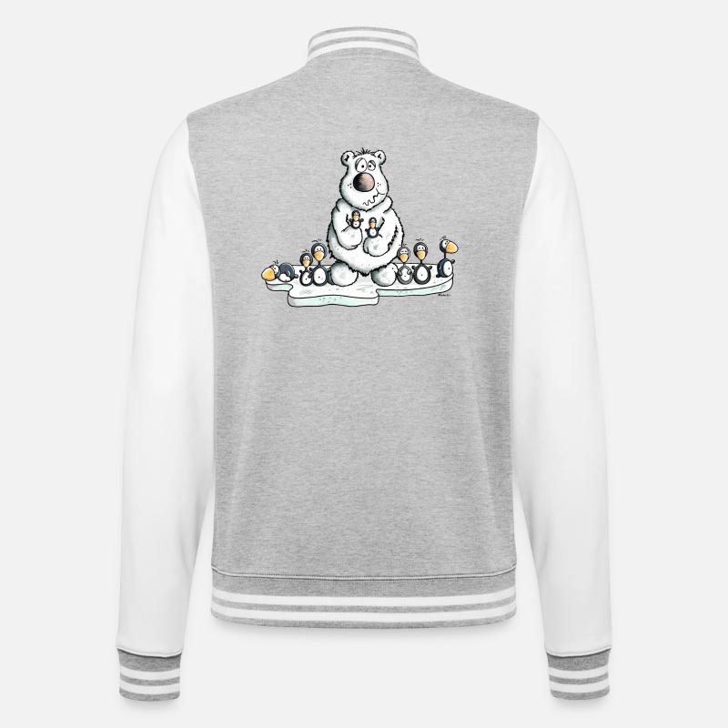 Eisbär mit Pinguinen - College-Sweatjacke - Grau meliert/Weiß
