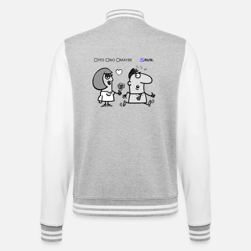 Liebe oder Flucht – Skurriles Humor-Design - College-Sweatjacke - Grau meliert/Weiß
