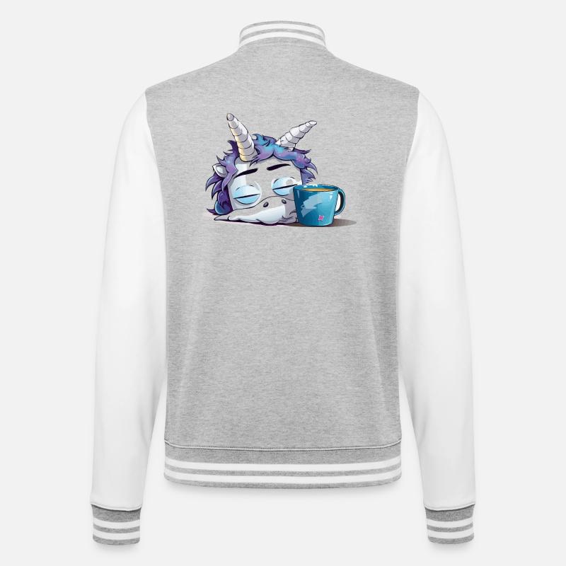 Schlafendes Einhorn und Kaffeebecher - College-Sweatjacke - Grau meliert/Weiß