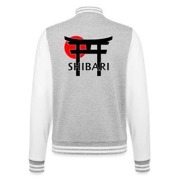 Shibari unter Torii und roter Sonne (schwarz) - College-Sweatjacke - Grau meliert/Weiß - Hinten - Marisol (170cm)