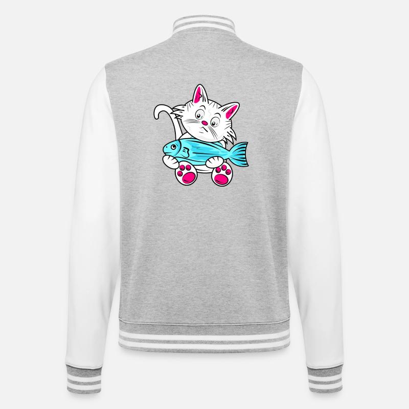 Small Cat and Blue Fish - College Sweat Jacket - heather grey/white