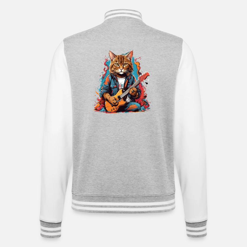 Katze mit Gitarre - College-Sweatjacke - Grau meliert/Weiß