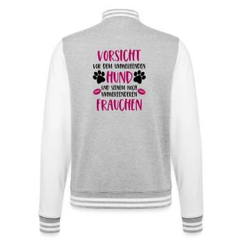 Vorsicht vor dem umwerfenden Hund Frauchen Version - College-Sweatjacke - Grau meliert/Weiß - Hinten - Marisol (170cm)