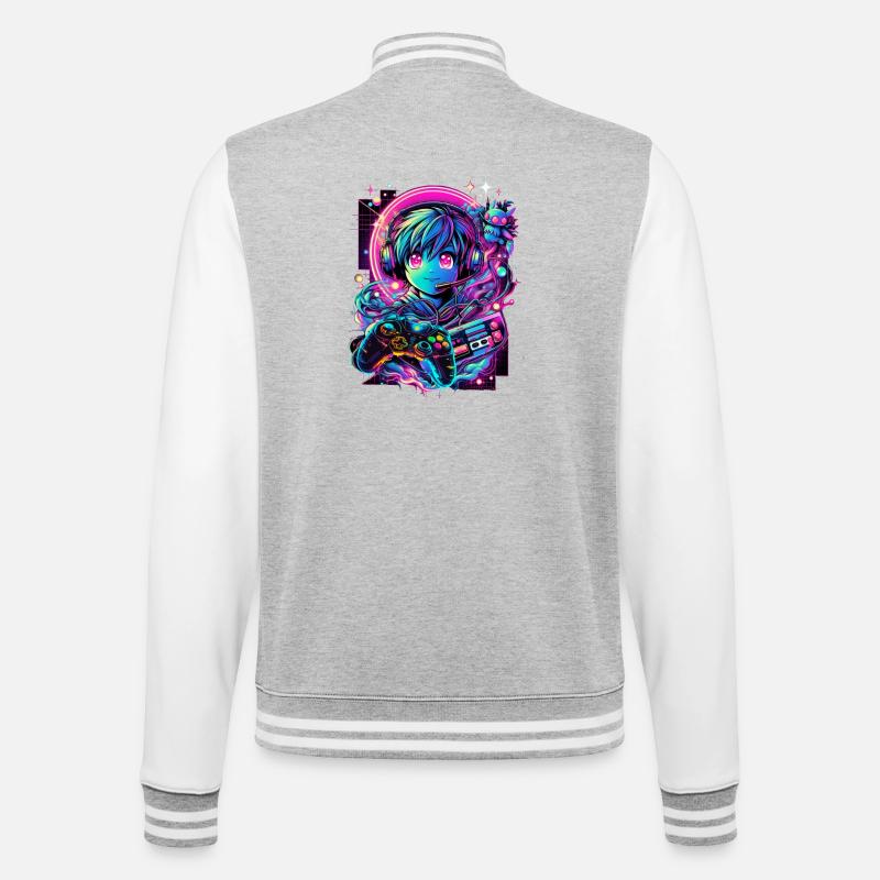 Gamer Controller Anime Synthwave Art - College-Sweatjacke - Grau meliert/Weiß