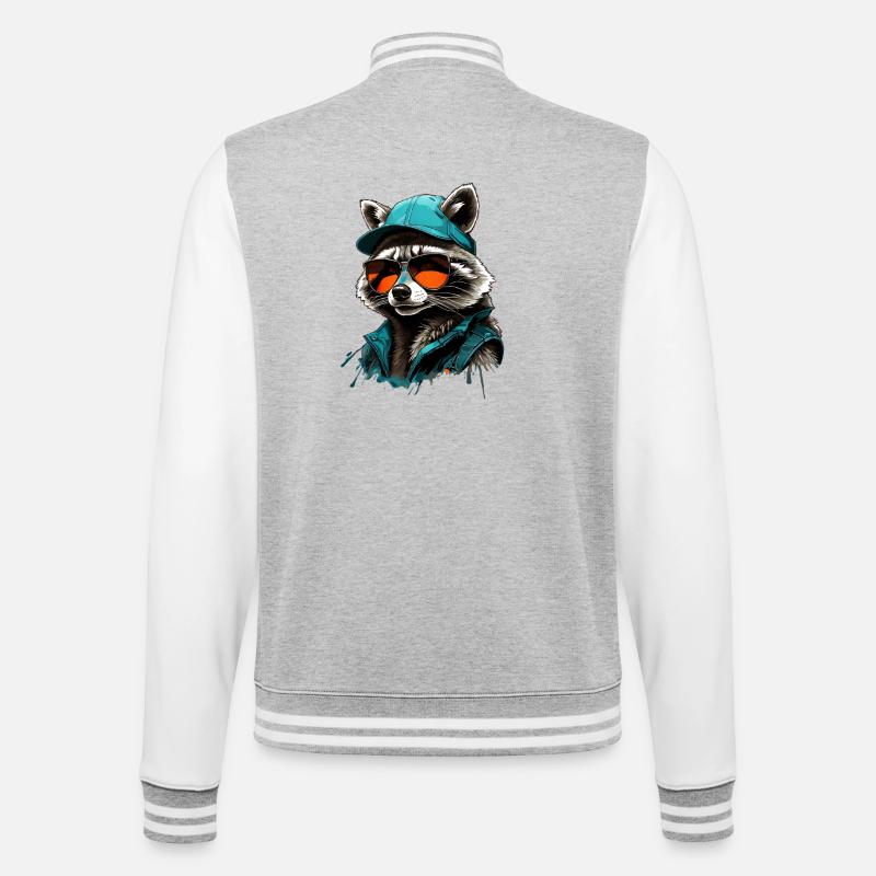 Cooler Waschbär mit Sonnenbrille und Cap - College-Sweatjacke - Grau meliert/Weiß