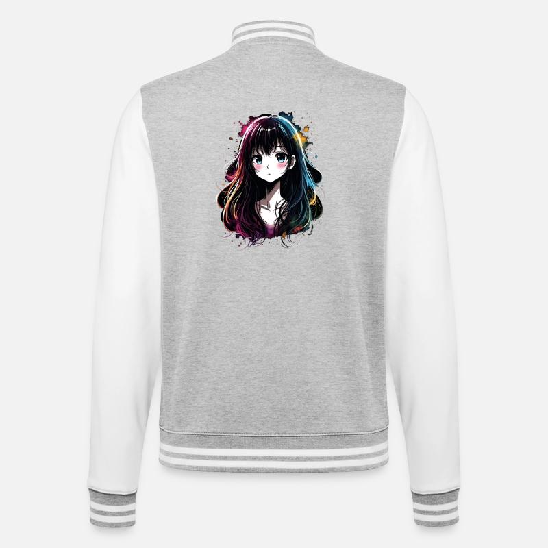 Anime Mädchen mit buntem Farbverlauf - College-Sweatjacke - Grau meliert/Weiß