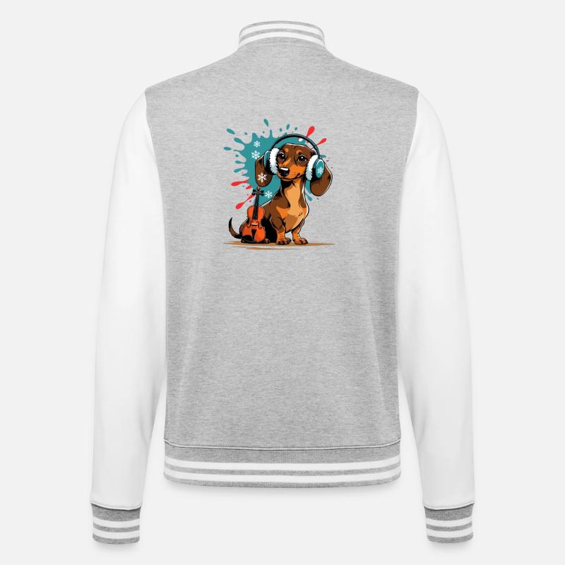 Wintermusik-Dackel mit Kopfhörern - College-Sweatjacke - Grau meliert/Weiß