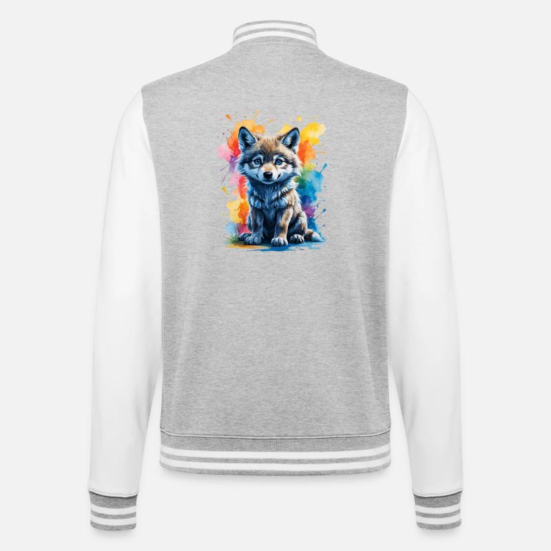 Aquarell-Wolfswelpe im Farbsplash - College-Sweatjacke - Grau meliert/Weiß
