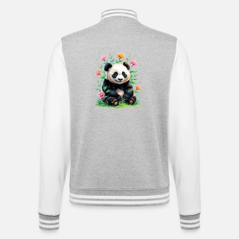 Panda im Blütenwald - College-Sweatjacke - Grau meliert/Weiß