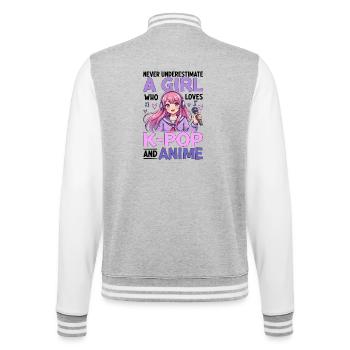 Never Underestimate Girl Who Loves K Pop And Anime - College-Sweatjacke - Grau meliert/Weiß - Hinten - Marisol (170cm)