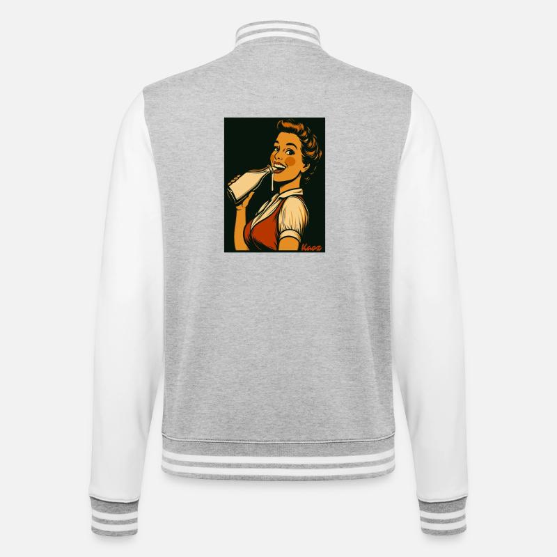 Retro Dame mit Milch Getränk - College-Sweatjacke - Grau meliert/Weiß