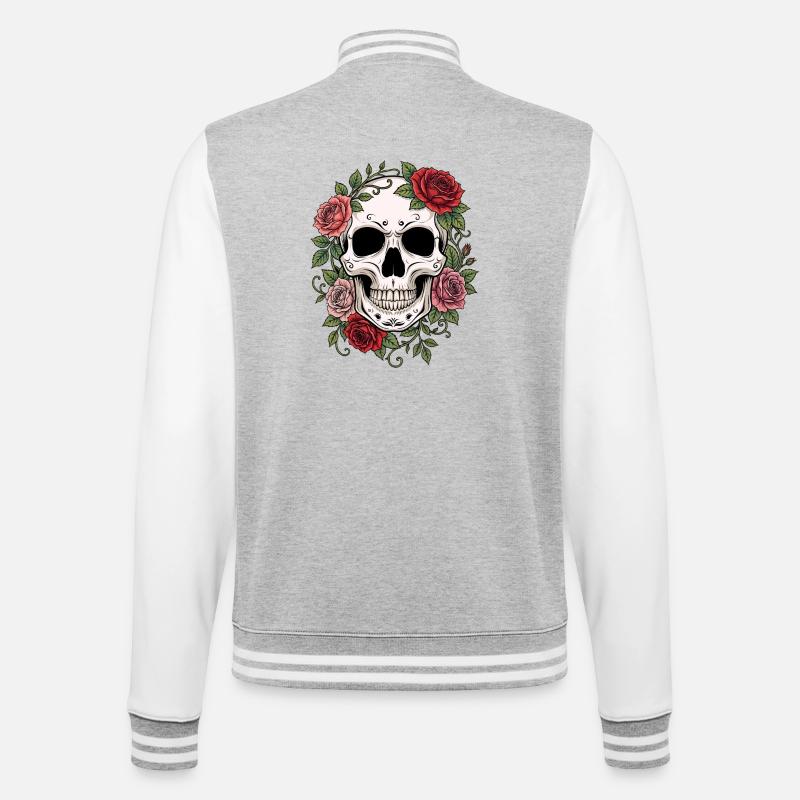 Skull & Red Roses, Gothic, Skull, Rock - College-Sweatjacke - Grau meliert/Weiß