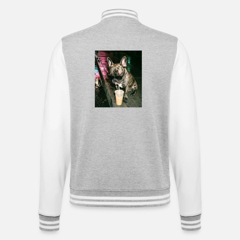 Bouledogue français buvant du café glacé - Veste Teddy - gris chiné / blanc