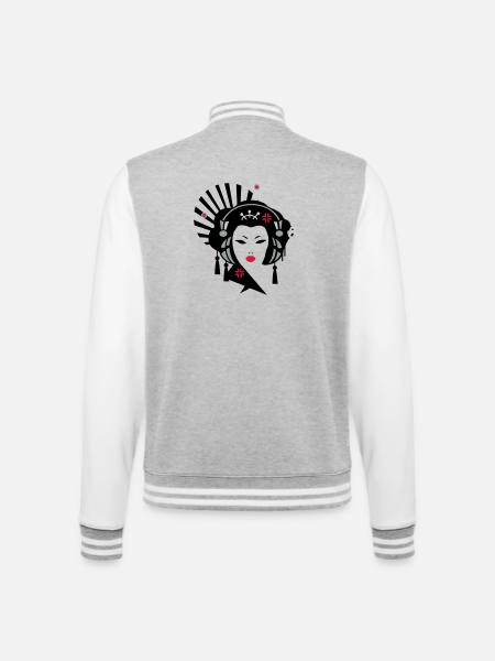 Geisha mit Kopfhörer - College-Sweatjacke - Grau meliert/Weiß