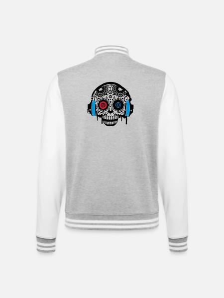 Sugar Skull mit Kopfhörer - College-Sweatjacke - Grau meliert/Weiß