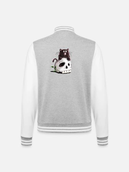 Schwarze Katze und Totenkopf Comic - College-Sweatjacke - Grau meliert/Weiß