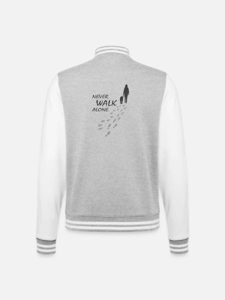 Hund - NEVER WALK ALONE, Hundeliebhaber, Gassi - College-Sweatjacke - Grau meliert/Weiß