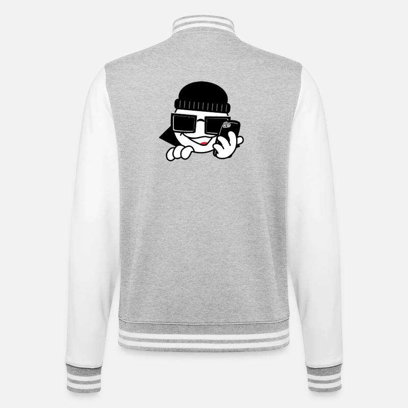 Hacker mit Smartphone und Herzen - College-Sweatjacke - Grau meliert/Weiß