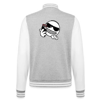 Hacker mit Telefon - College-Sweatjacke - Grau meliert/Weiß - Hinten - Marisol (170cm)