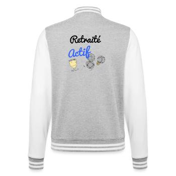 Cadeau humour retraité actif homme ou femme - Veste Teddy - gris chiné / blanc - Dos - Marisol (170cm)