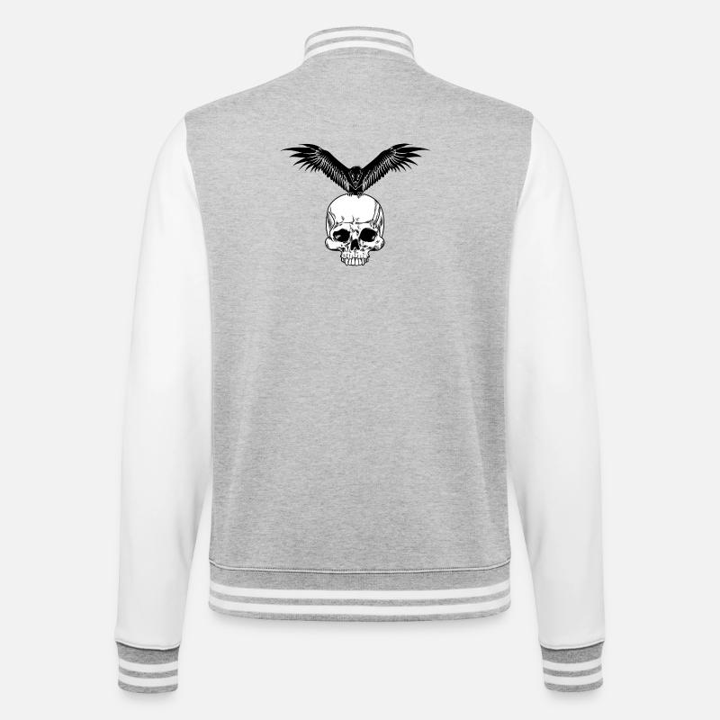 Totenkopf mit Krähe - College-Sweatjacke - Grau meliert/Weiß