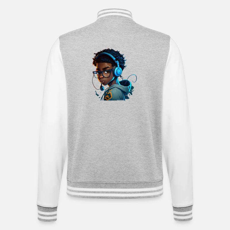 Digitaler Gaming-Charakter mit Headset - College-Sweatjacke - Grau meliert/Weiß