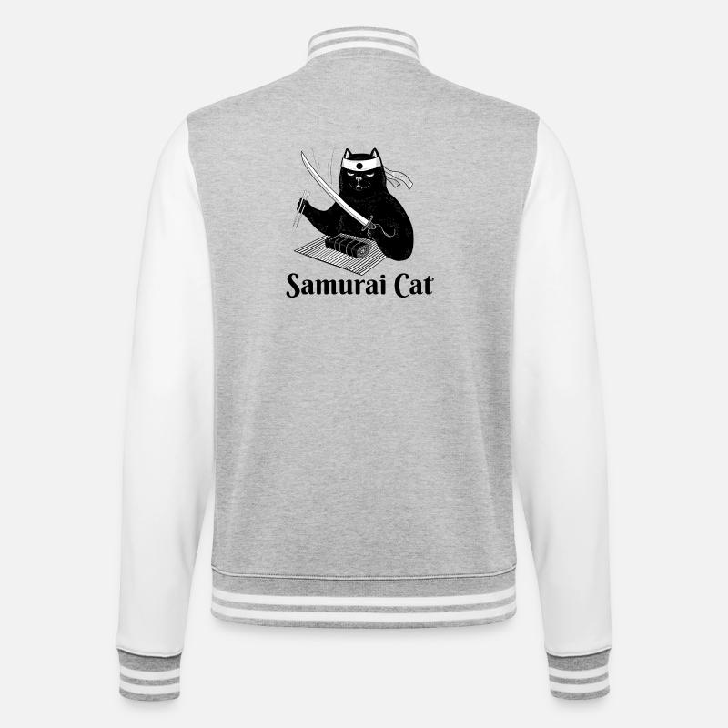 Katze, Samurai-Katze, Sushi, Essen - College-Sweatjacke - Grau meliert/Weiß