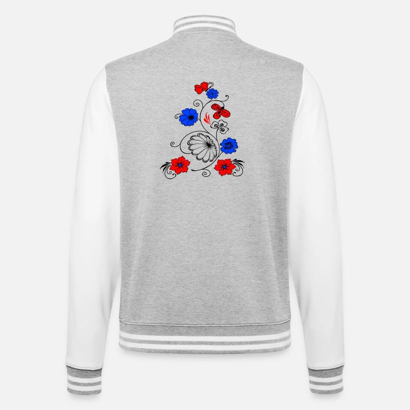 Blumenranke mit Schmetterling - College-Sweatjacke - Grau meliert/Weiß