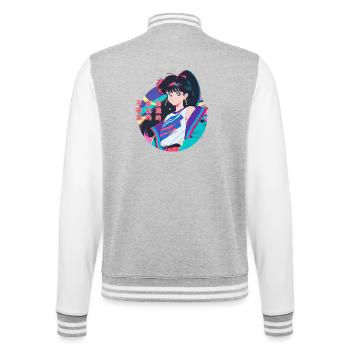 Anime Girl with 80s Windbreaker, Anime Aesthetics - College Sweat Jacket - heather grey/white - Back - Marisol (170cm)