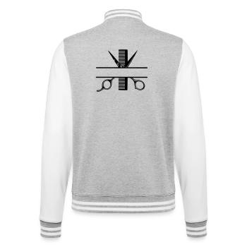 Texte bannière logo coiffeur, ciseaux avec peigne - Veste Teddy - gris chiné / blanc - Dos - Marisol (170cm)