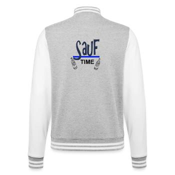 Sauf-Time-Logo mit Blauer Unterstreichung - College-Sweatjacke - Grau meliert/Weiß - Hinten - Marisol (170cm)
