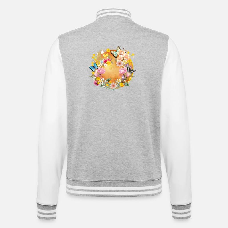 frühlingshafte bunte Blüten & Schmetterlinge - College-Sweatjacke - Grau meliert/Weiß