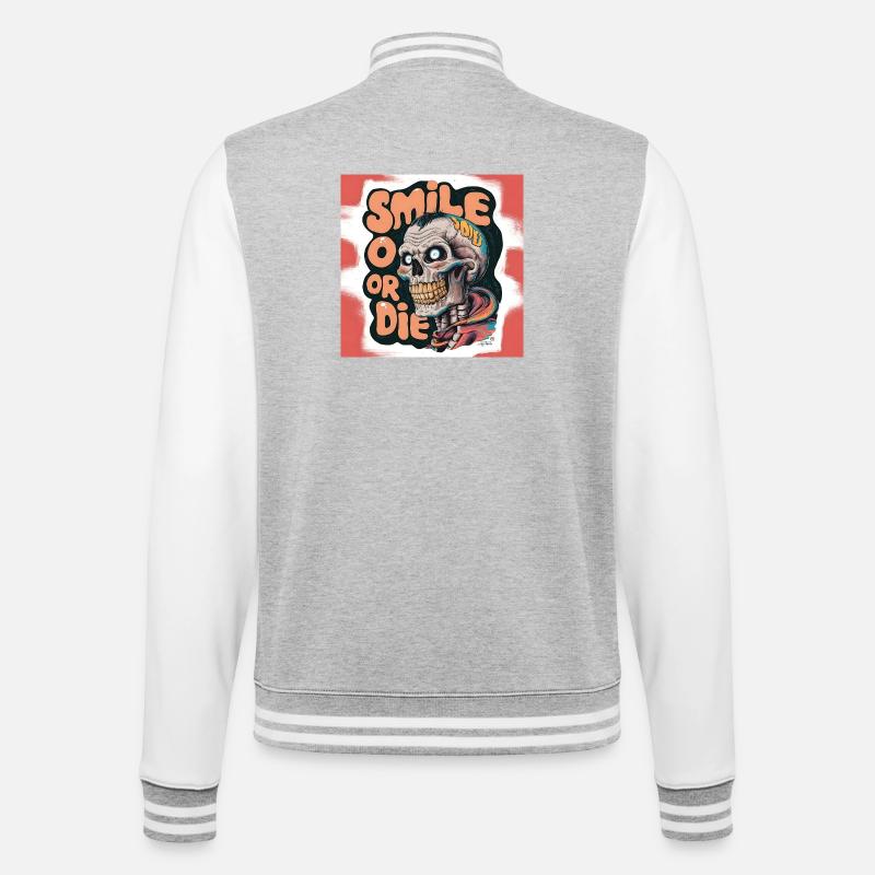Bald Skeleton with smiling text - College Sweat Jacket - heather grey/white