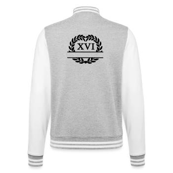 Seize ans, couronne de laurier en chiffres latins - Veste Teddy - gris chiné / blanc - Dos - Marisol (170cm)