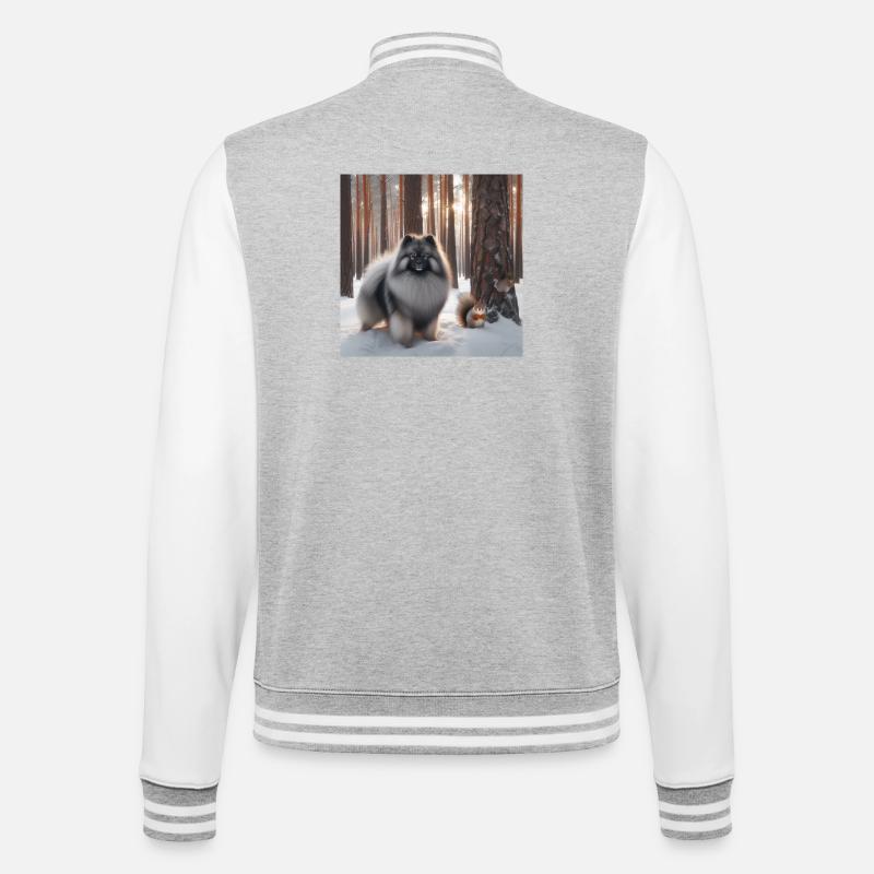 Keeshond Wolfspitz dans la neige - Veste Teddy - gris chiné / blanc