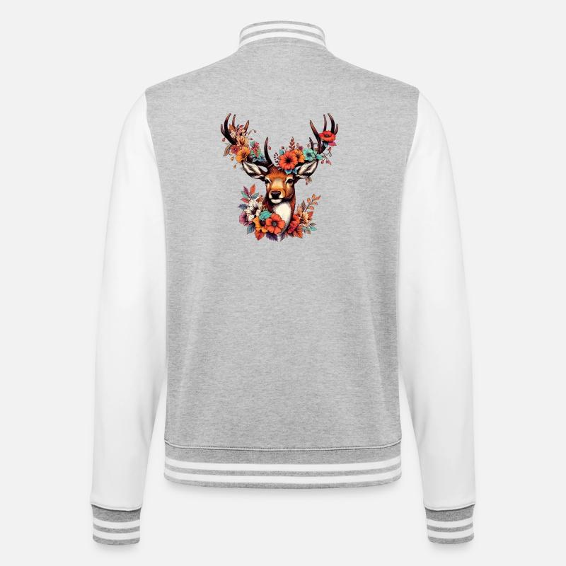 Hirsch mit Blumen - College-Sweatjacke - Grau meliert/Weiß