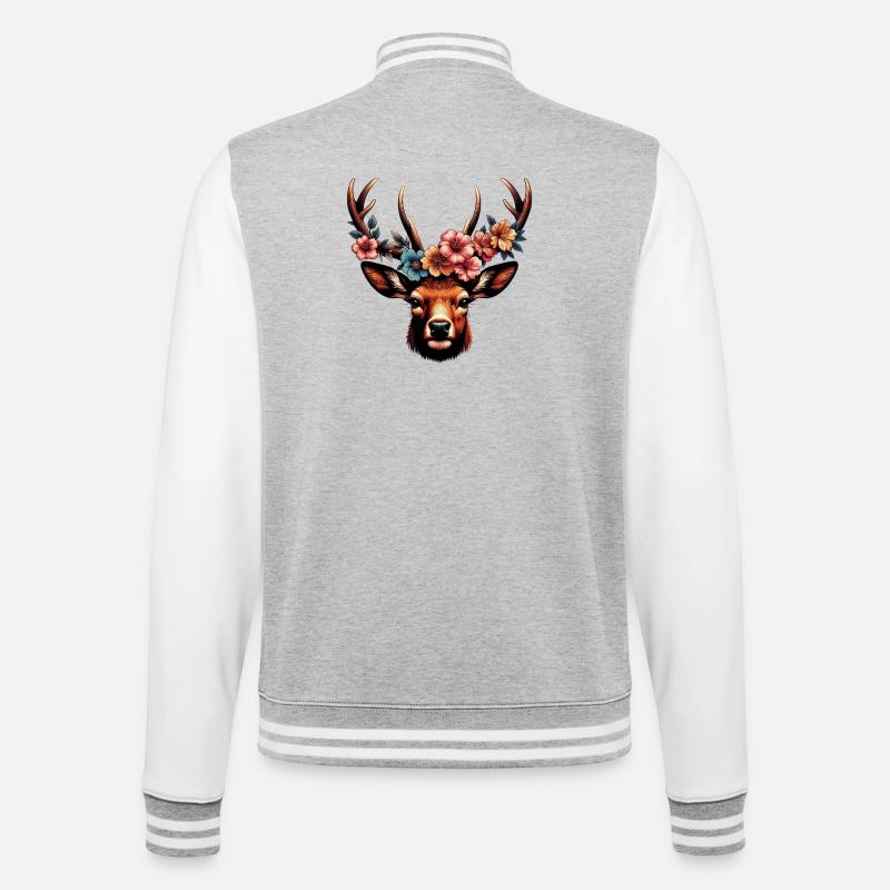 Hirsch mit Blumen - College-Sweatjacke - Grau meliert/Weiß