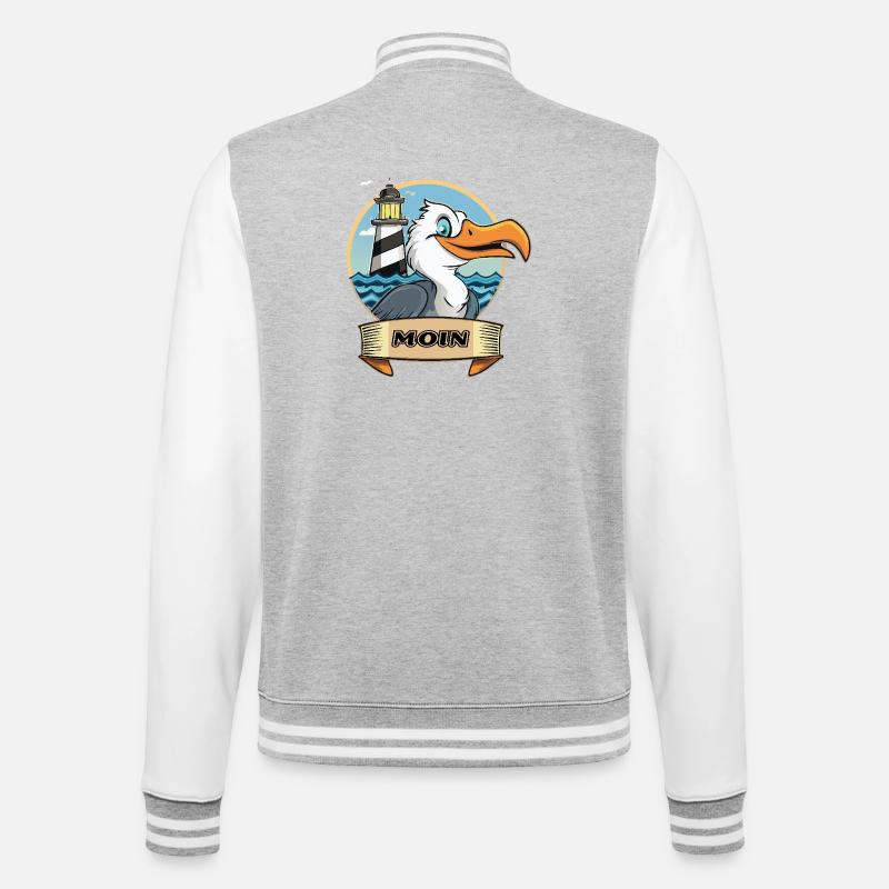 Moin -Möve mit Leuchtturm - College-Sweatjacke - Grau meliert/Weiß