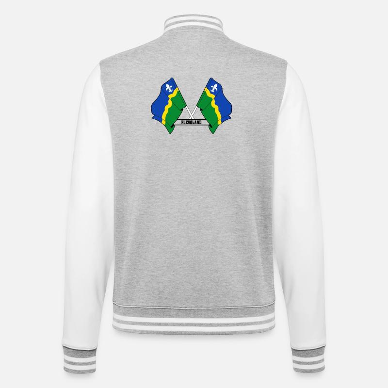 Zwei Flaggen mit dem Text FLEVOLAND - College-Sweatjacke - Grau meliert/Weiß
