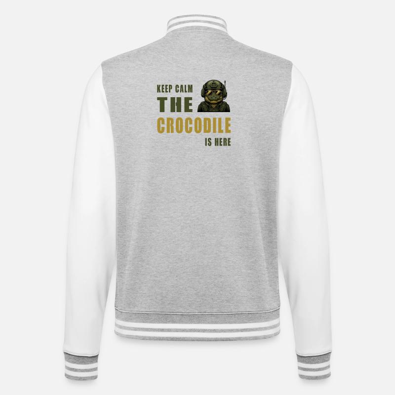 Krokodil im Einsatz – Keep Calm - College-Sweatjacke - Grau meliert/Weiß