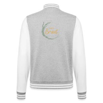 Team Braut! Eukalyptus-Kranz, personalisierbar - College-Sweatjacke - Grau meliert/Weiß - Hinten - Marisol (170cm)